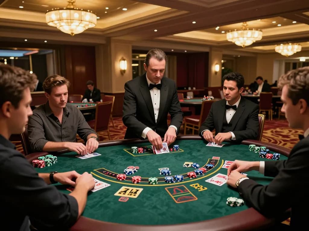 Enjoying thrilling blackjack action at RIKVIP's live dealer table, vibrant casino atmosphere with professional dealer and focused players.