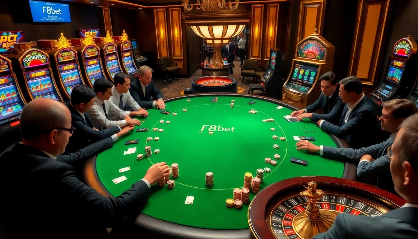 A thrilling poker game at a luxurious casino table, showcasing F8bet gaming excitement with vibrant chips and a roulette wheel.