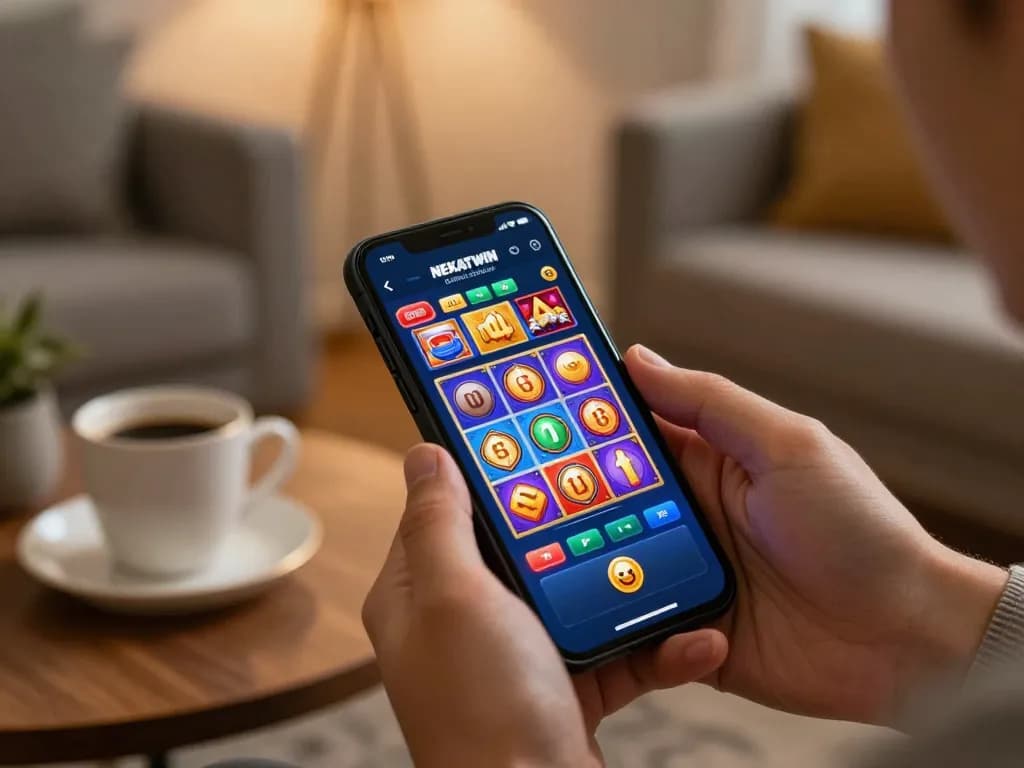 Engaging gameplay on NEKATWIN app showcasing vibrant slot designs in a cozy setting.
