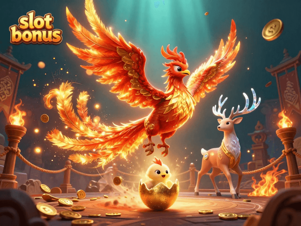 Engage with exciting slot bonus adventures as the phoenix rises in a vibrant casino setting.