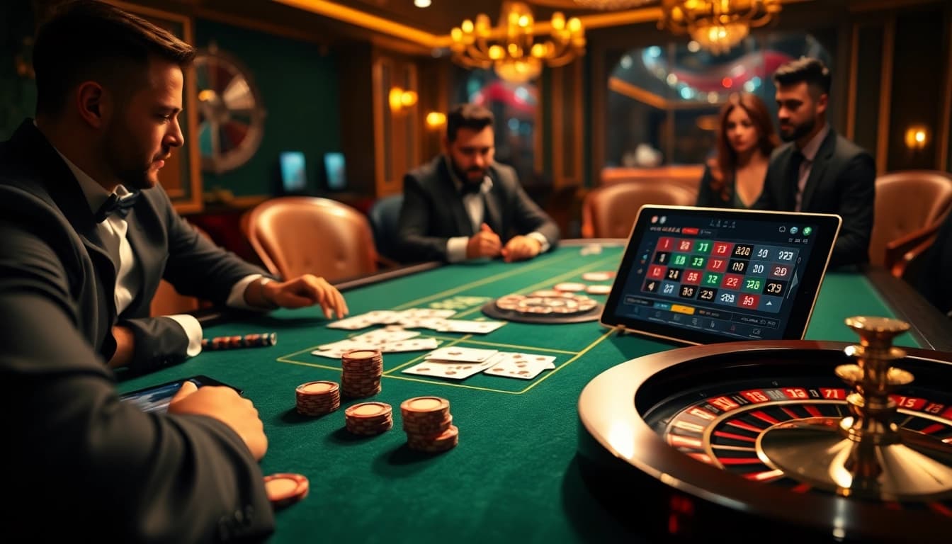 LUCK8 players strategizing at a high-stakes poker table in a luxurious casino setting.