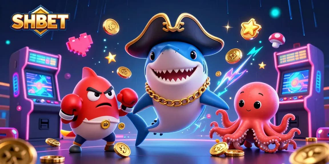 Experience the thrilling world of SHBET with an engaging casino scene featuring a playful pirate shark, boxing pufferfish, and gold-collecting octopus.