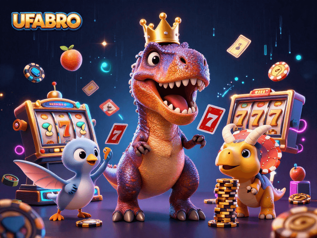UFABRO casino scene features a friendly T-Rex shuffling cards with vibrant slot elements and neon coins.