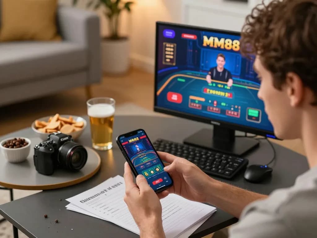 Player engaging with the MM88 app on their smartphone, exploring exciting gaming options on trang chủ mm88.