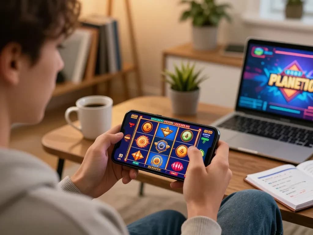 Player enjoying exciting slot games on mobile app PLANET88 in cozy home atmosphere.