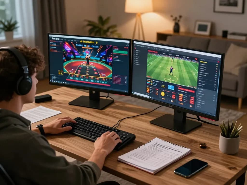 Player using RR88 online gaming platform on dual monitors, showcasing a home casino experience.