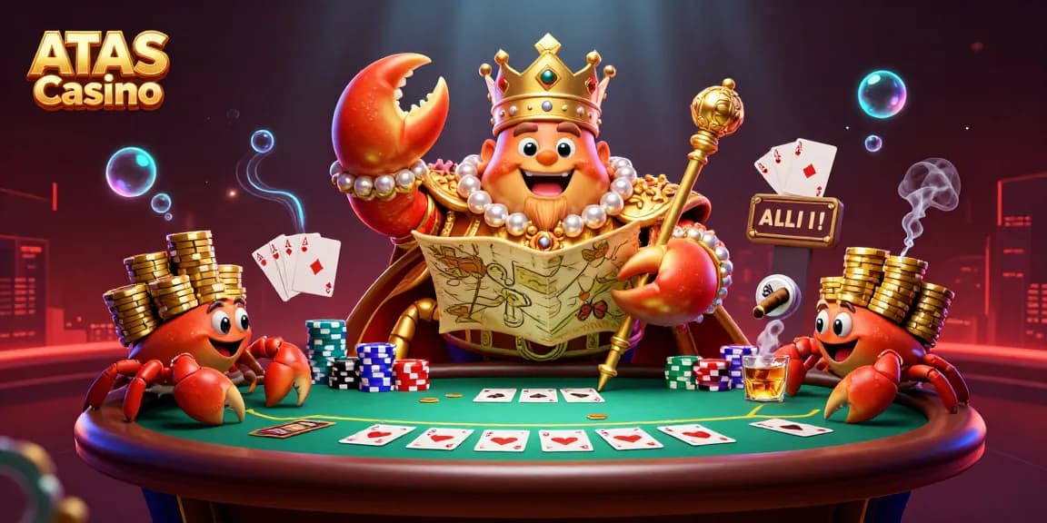 Engage with ATAS Casino's visual magic, featuring a golden crab emperor amidst an exciting poker scene.