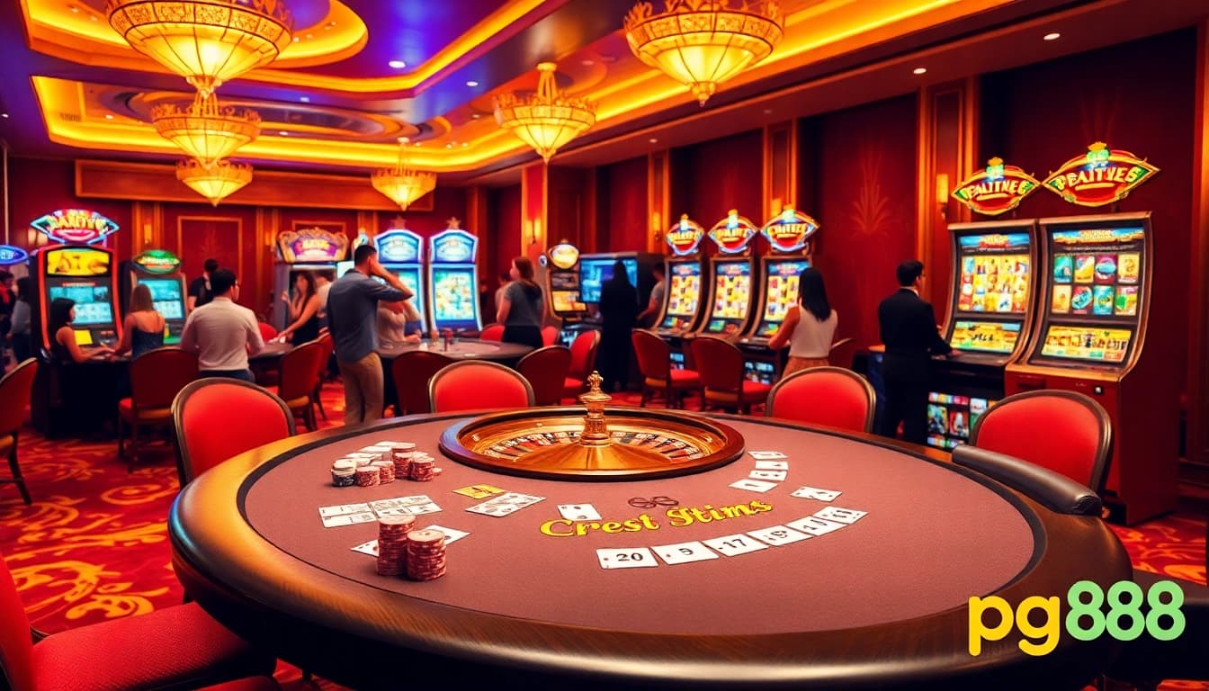 Experience the thrill of pg88 gaming at a luxurious casino with poker tables and slot machines.