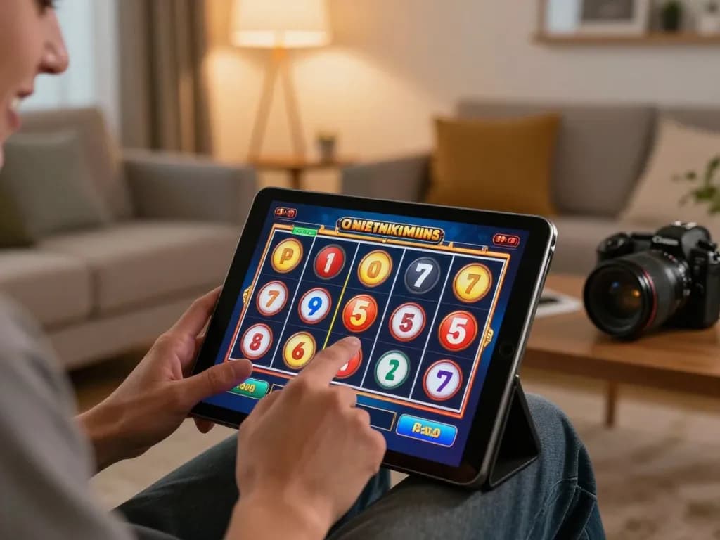 Playing link slot on a tablet in a cozy home setting, showcasing vibrant online gaming