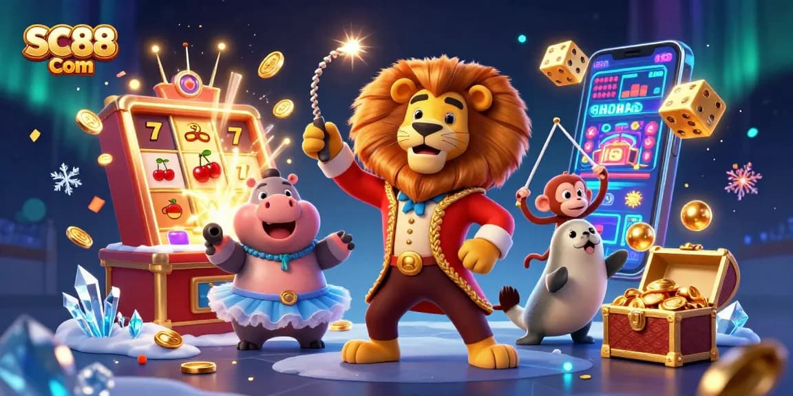Experience thrilling wins with SC88 Com in this vibrant 3D casino scene featuring quirky characters.