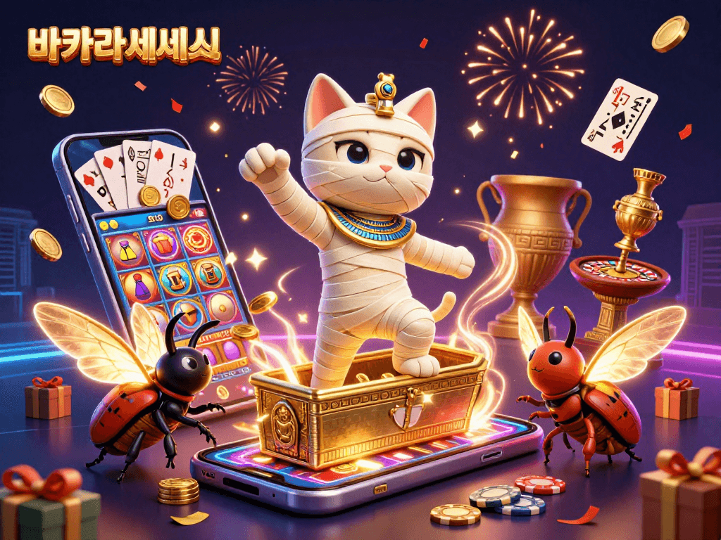 바카라사이트의 게임 요소가 가득한 고대 이집트 피라미드 카지노 장면을 보여줍니다.