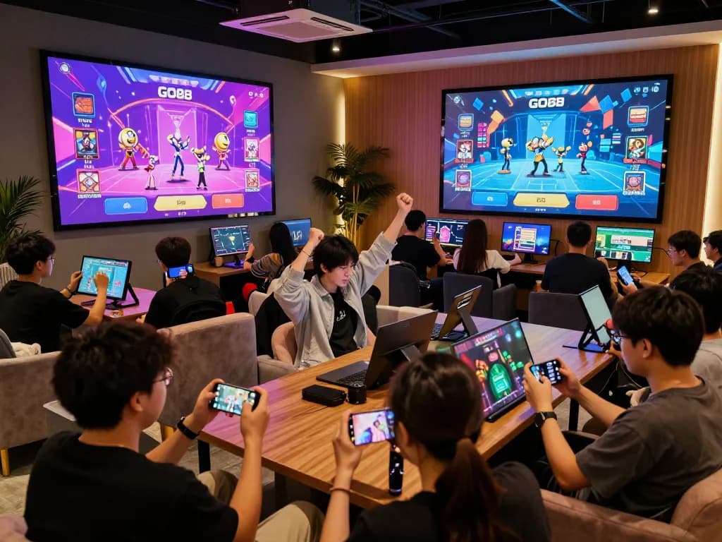 Players enjoying GO88 mobile games in a vibrant digital gaming lounge, celebrating wins and strategizing bets