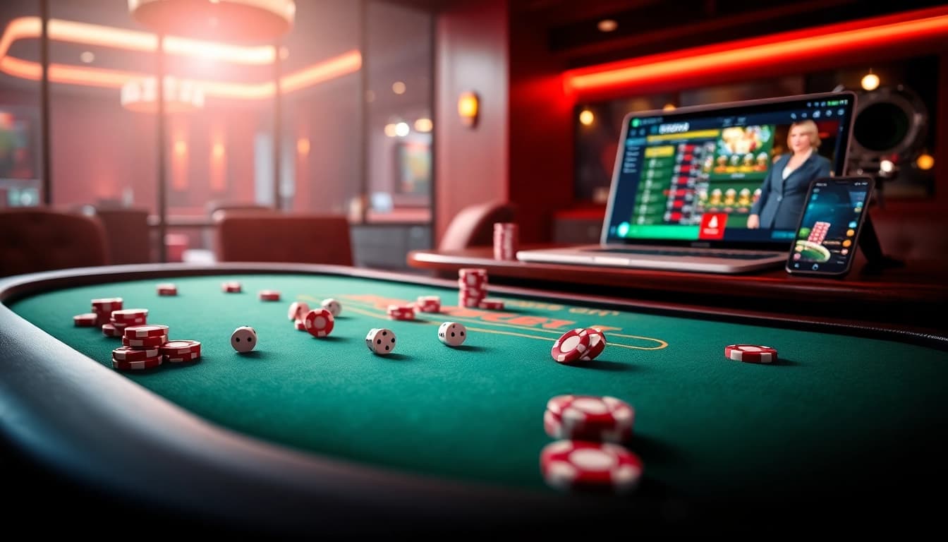 Engaging online casino illustration featuring sbobet link alternatif with poker chips and betting interface.