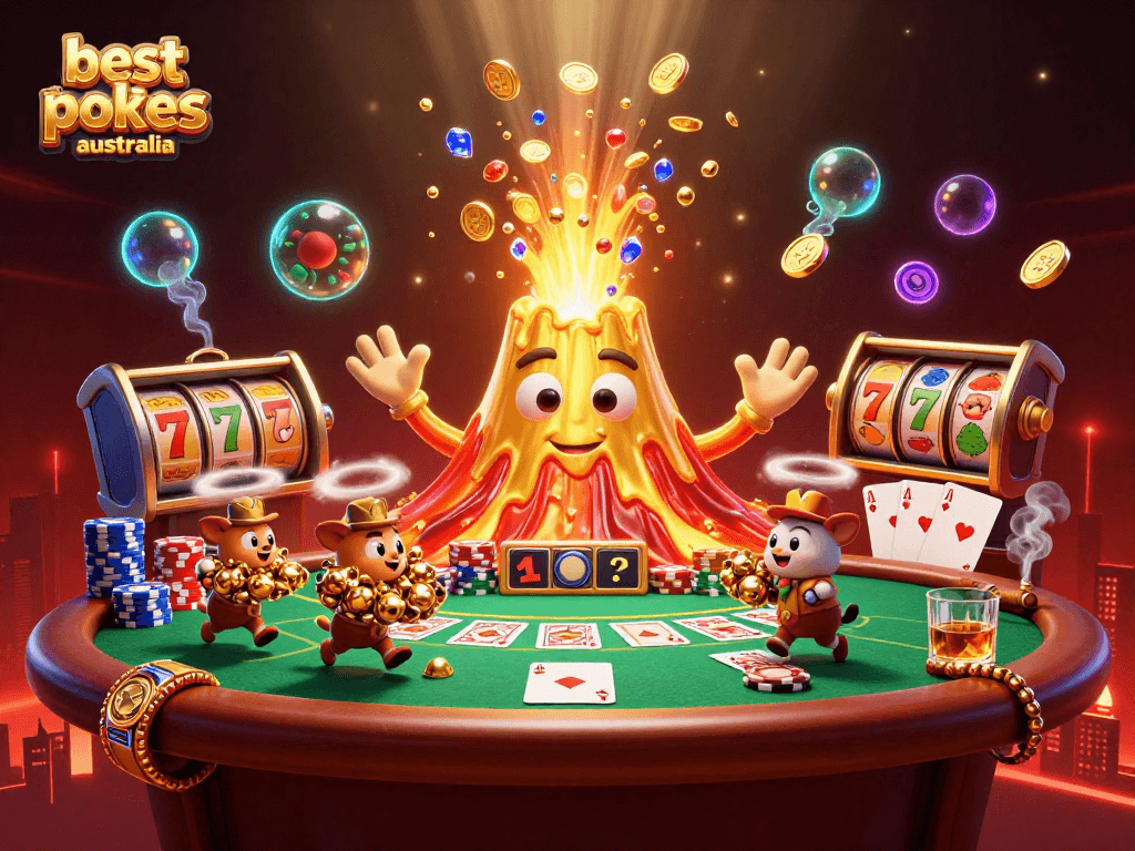 Play the best online pokies Australia in an exhilarating scene with a golden volcano and treasures.