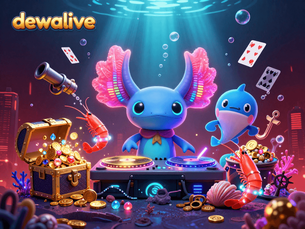 Menyaksikan dewalive dengan DJ axolotl neon dan efek bioluminescent dalam permainan e-sports.