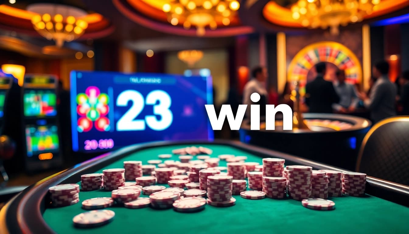 Exciting gambling scene with 23 win theme featuring poker tables and slot machines.
