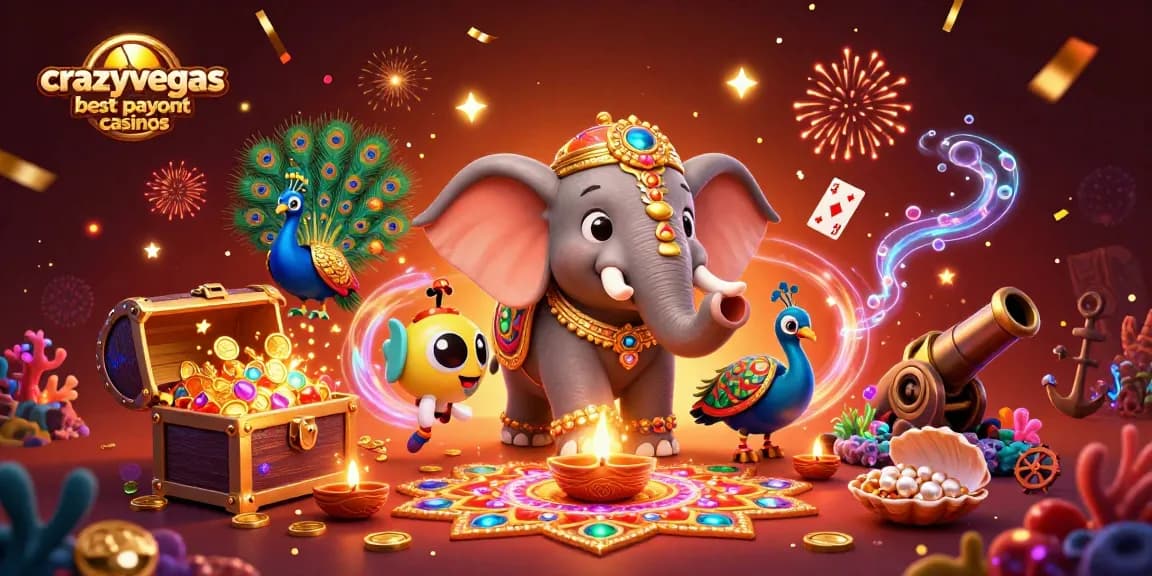 Experience excitement at crazyvegas best payout casinos, showcasing a 3D elephant and peacock amidst vibrant gaming elements.