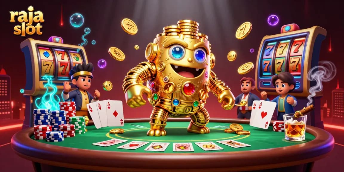 Experience raja slot thrills with a golden golem and dynamic casino elements in this vibrant scene.
