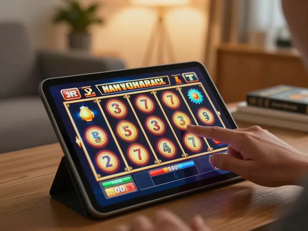 Player enjoying the thrilling NENG4D slot gaming experience on tablet with spinning reels.