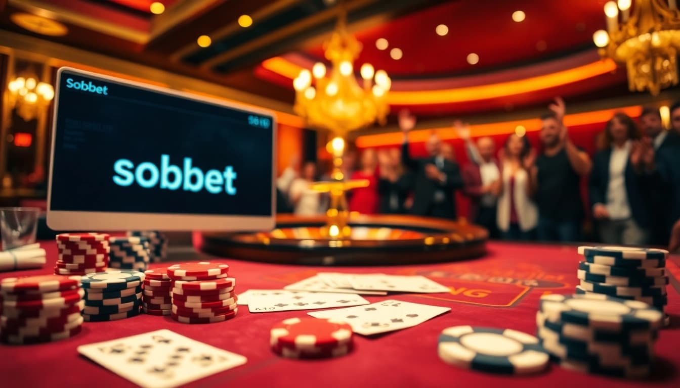 Experience sbobet link excitement at a vibrant casino table filled with poker chips and cards.