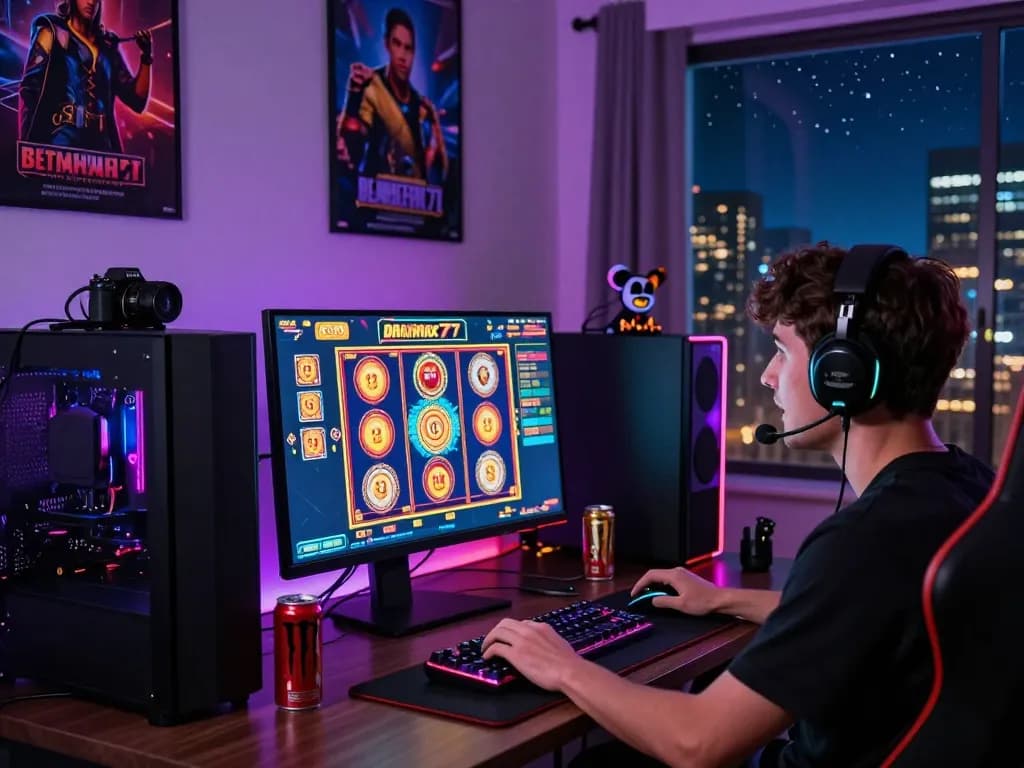 Gamer yang terlibat dalam permainan slot online danamax777 dengan visual yang cerah dalam suasana permainan yang dinamis.