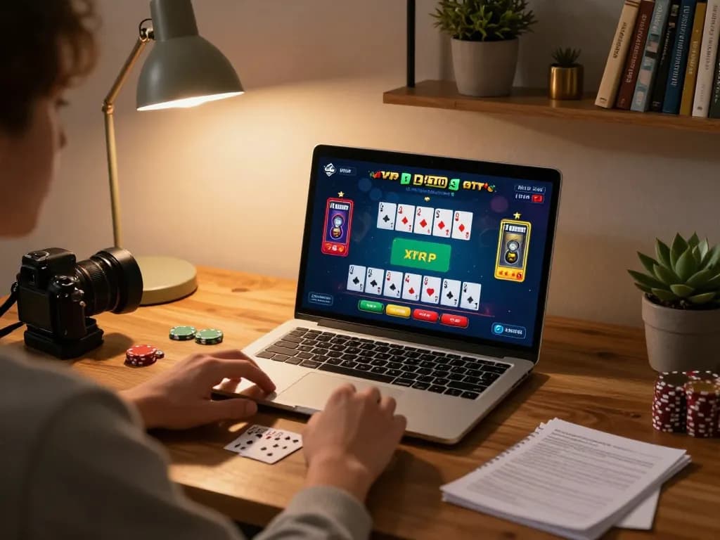 Play with XRP while enjoying a relaxing home Blackjack game on a laptop, showcasing strategic betting.