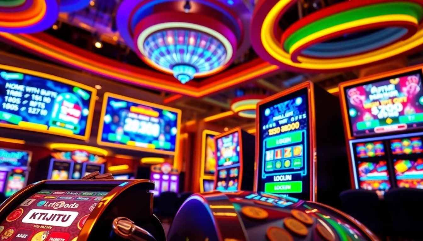 KTPJITU login screen featuring a luxurious slot machine setup and vibrant casino ambiance.