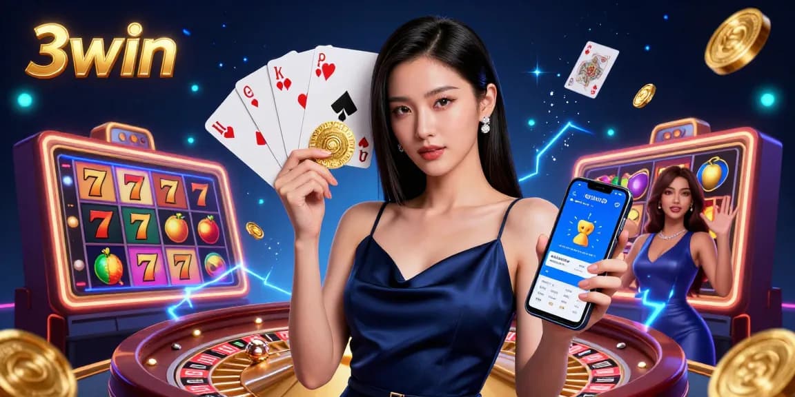 Experience the thrill of 3win with a stunning casino app and golden chip in hand.