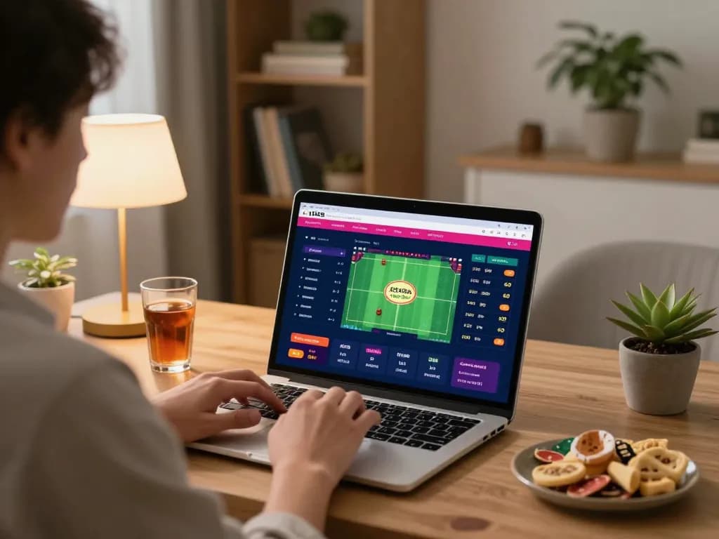 Engaging in kèo nhà cái sports betting on a laptop in a cozy home office setup