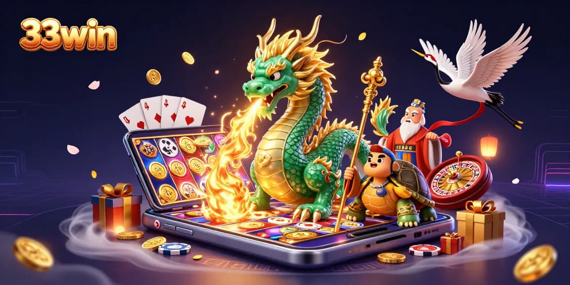 Experience thrilling action at 33win with a jade dragon, turtle sage, and vibrant casino elements.