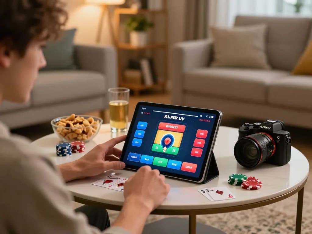 Player engaging in online poker at home using dinamit4d, surrounded by snacks and a cozy atmosphere.