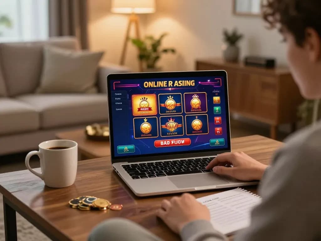 Engaging in online usa casinos gaming on a laptop in a cozy living room setup.