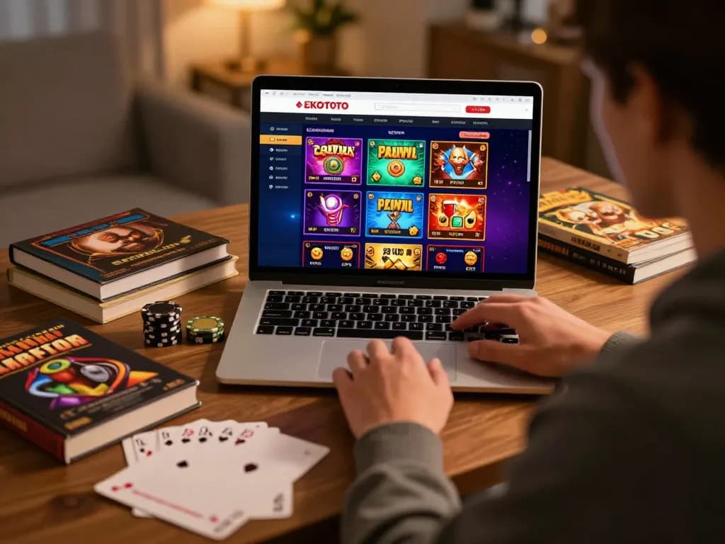 Pemain menikmati pengalaman permainan online EKOTOTO dengan buku strategi dan laptop di lingkungan rumah yang nyaman.