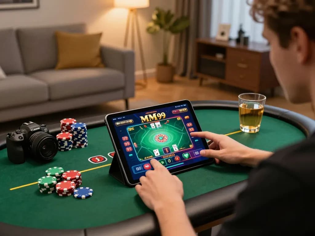 Player engages with MM 99 casino app on tablet, showcasing strategic online gaming atmosphere.
