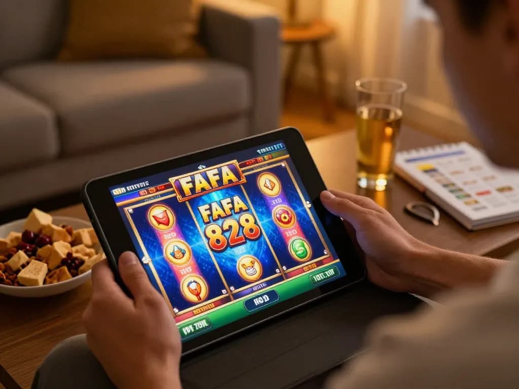 Player engaging with FAFA 828's online slots on a tablet, cozy and responsible gaming environment