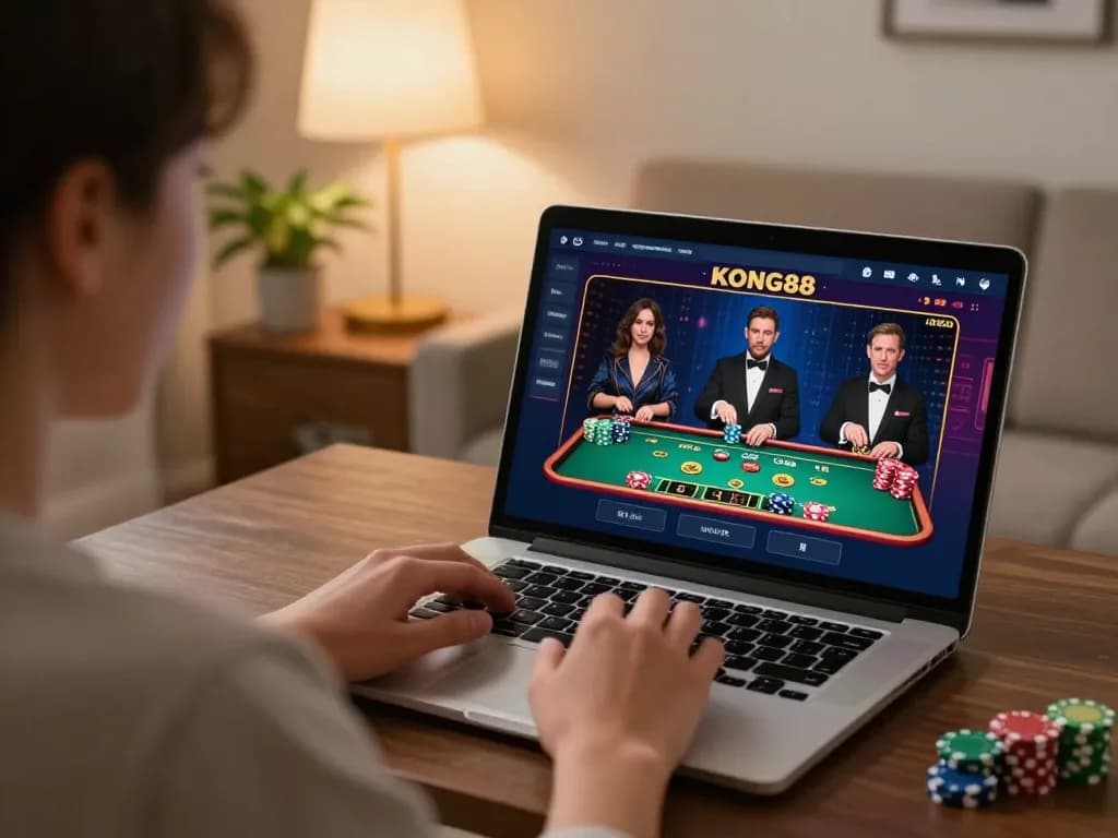 KONG88 player engaged in online gaming at home, showcasing live casino action and strategic betting.