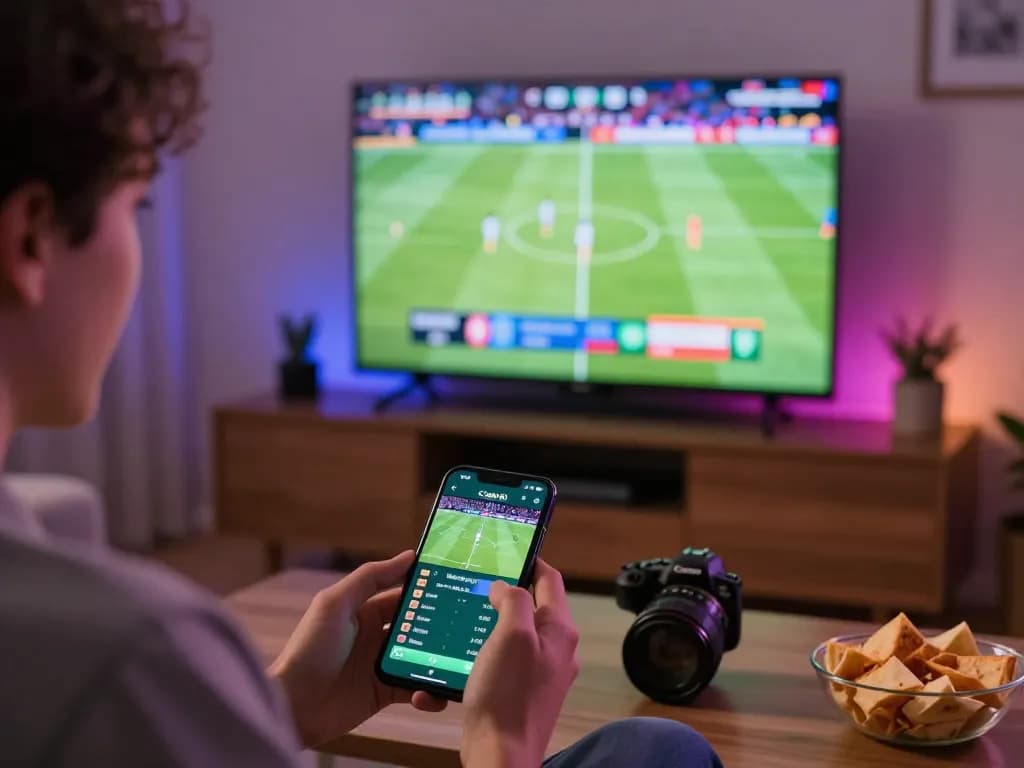 Betting on 789f lừa đảo while enjoying live sports on a smartphone in a cozy setting.