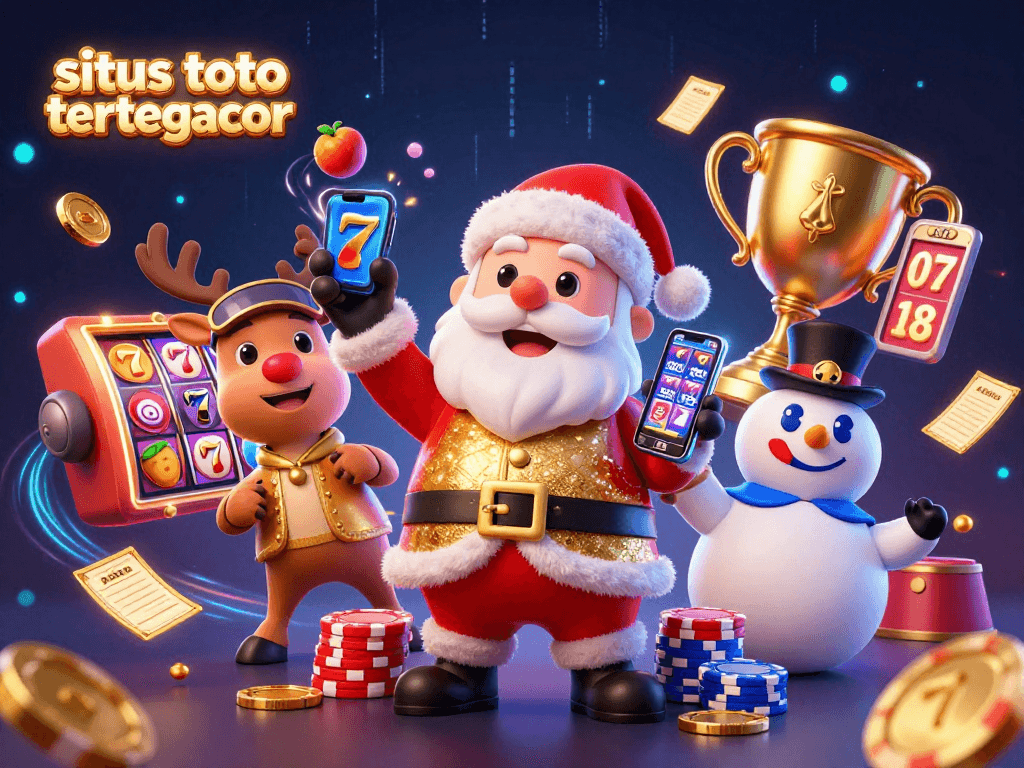 Spin jackpot slots with Santa Claus and friends at situs toto slot tergacor in a vibrant casino scene.