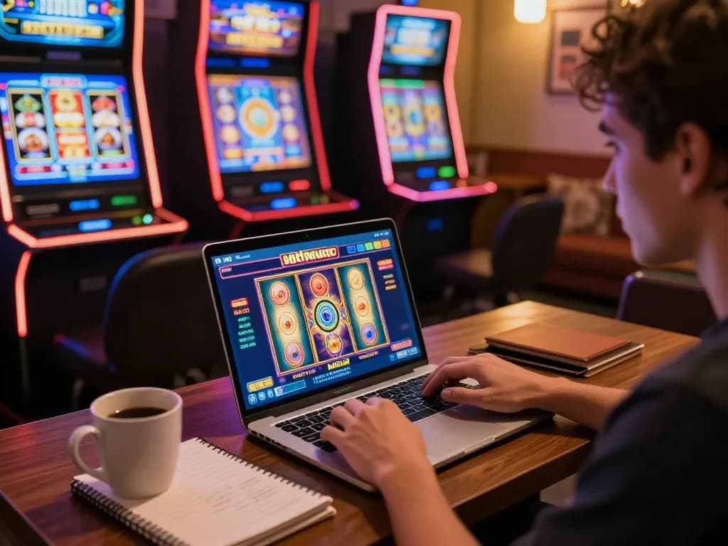 Engaging with kdslot online gaming interface in a cozy home setting with colorful slot visuals.