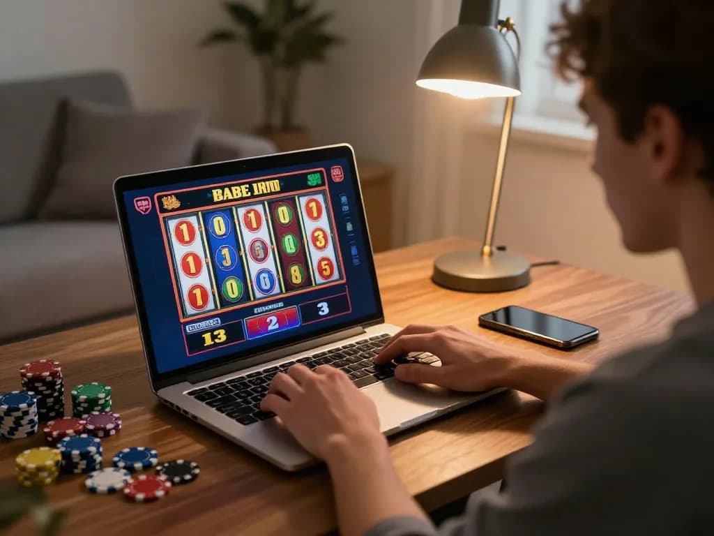 Player enjoying online slots on 33win with engaging visuals in a cozy living room setting.