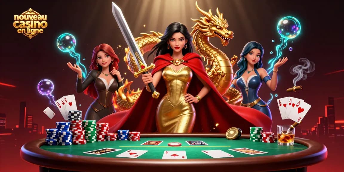Nouveau casino en ligne révèle une magnifique reine guerrière parmi l'excitation du poker, avec des éléments de casino vibrants.