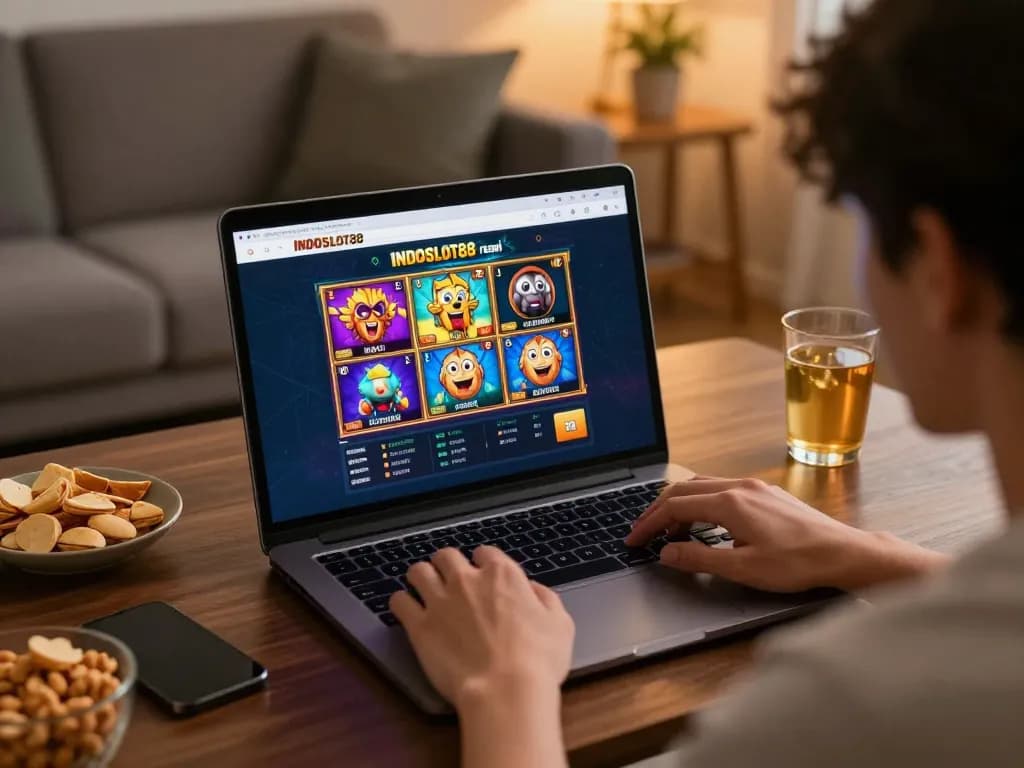 Player enjoying INDOSLOT88 resmi online slot games at home with a relaxed atmosphere