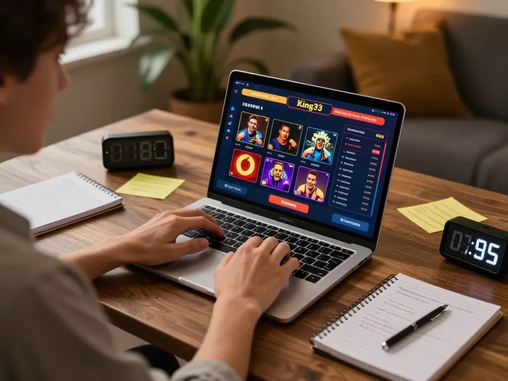 Engaging scene of a player at king33 using a laptop for online gambling, displaying vibrant game interface.