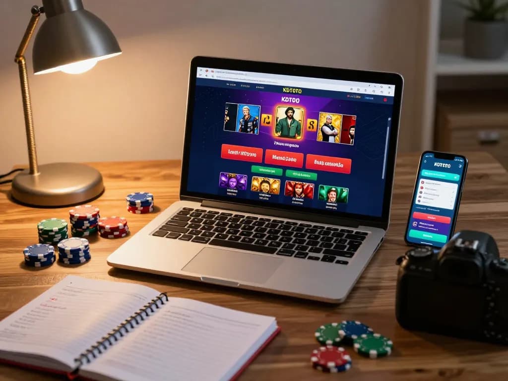 KDTOTO online gaming scene with laptop, chips, and strategies enhancing gambling experience.