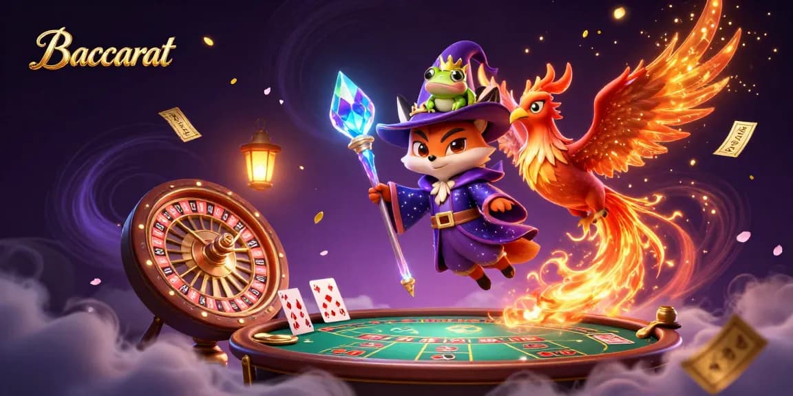 Experience Baccarat excitement with this captivating illustration featuring a wizard fox, phoenix, and vibrant gaming elements.