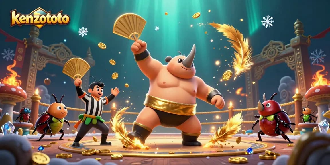 Kenzototo players winning with a cartoon rhinoceros beetle champion amidst flying coins in a lively casino scene.