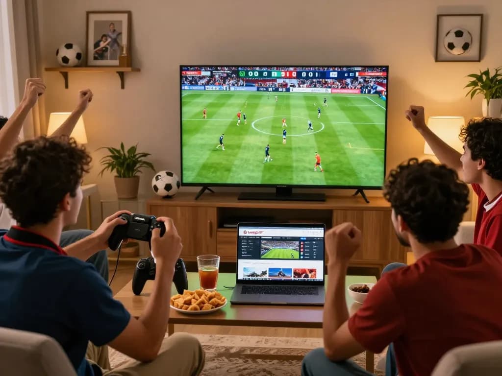 Football fans enjoying the match on Luong Son TV, celebrating live streaming with friends, cozy and vibrant atmosphere.