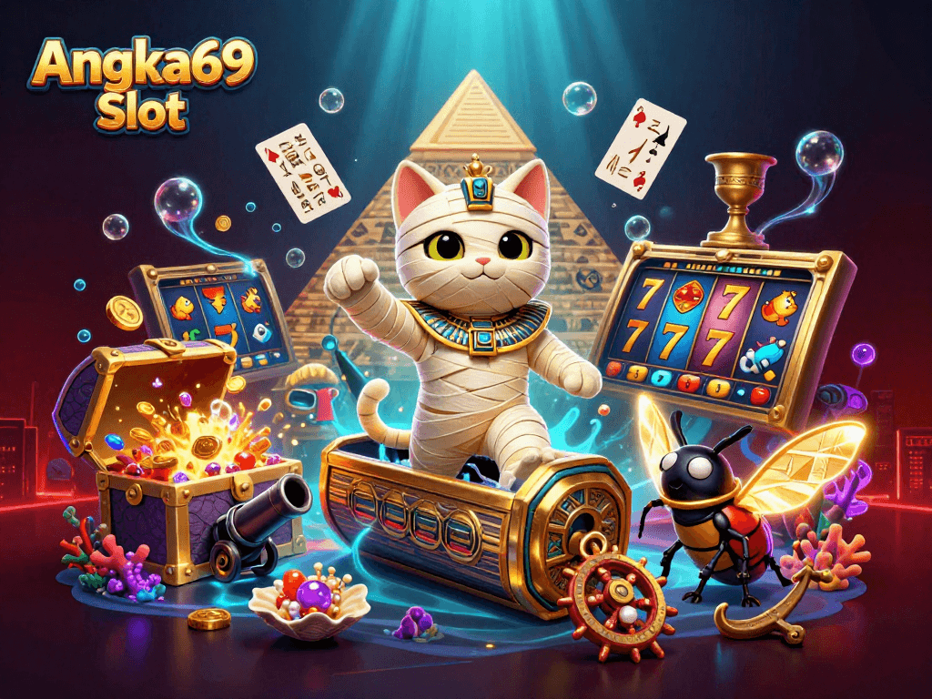 Experience thrilling gameplay with Angka69 Slot, featuring vibrant slot reels and a lively 3D scene.