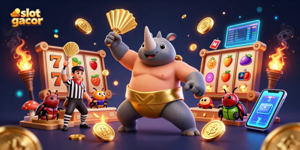 Slot gacor dengan karakter utama beruang badak bertarung, menghadirkan koin emas dan simbol slot.