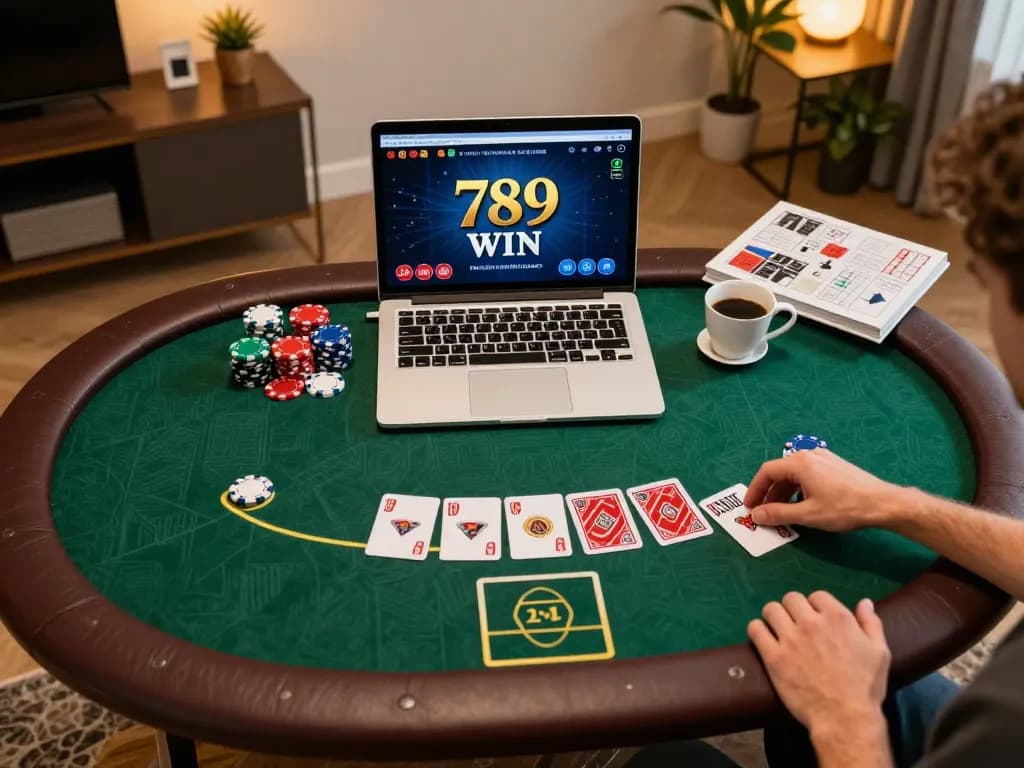 Engaging in a thrilling online poker game with 789 win on a laptop, showcasing vibrant chips and cards.
